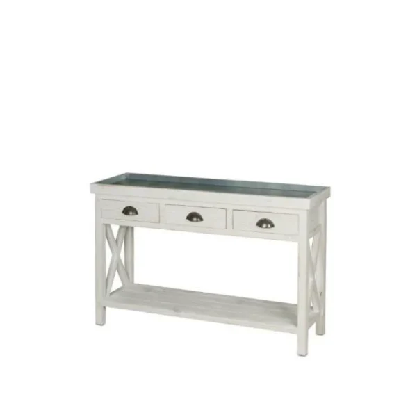 Promo 😉 Table Console Fleuriste Blanc Avec Plateau Zinc 110x39x75 TRADIS ✨ 1