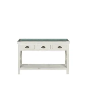 Promo 😉 Table Console Fleuriste Blanc Avec Plateau Zinc 110x39x75 TRADIS ✨ 10