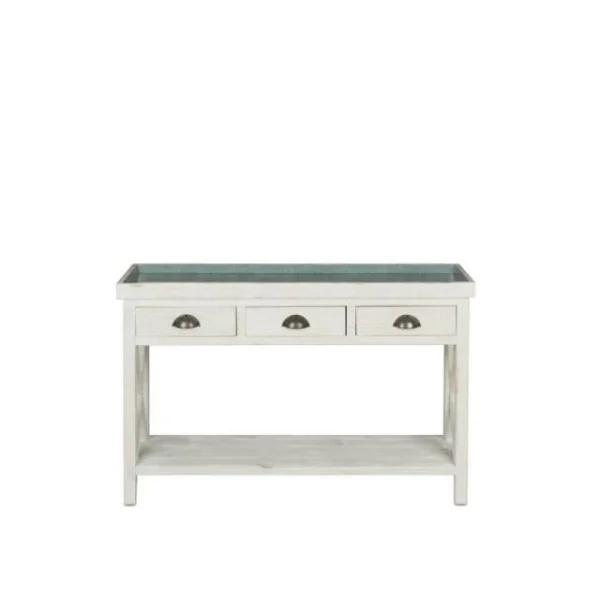 Promo 😉 Table Console Fleuriste Blanc Avec Plateau Zinc 110x39x75 TRADIS ✨ 4